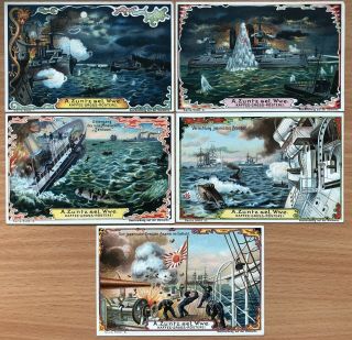5 X China Old Card Japan Russia War Fighting Port Arthur Downfall Russian Ship