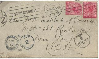 1912 South Australia Postage Due Cover To York Institute Of Science