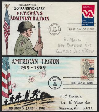 2 Fdc Cvrs W/ Maul Hand - Painted Cachets For 1825 V.  A.  & 1369,  American Legion.