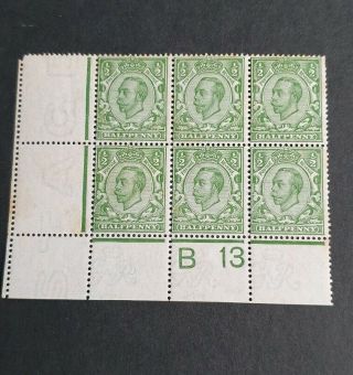 Gb Stamps King George V Sg 346 1/2d Control Block Of 6 M/mint