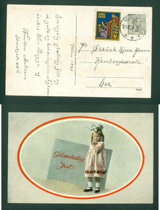 Denmark.  Christmas Card 1920 With Seal,  8 Ore King.  Helsingor.  Girl.  Adr.