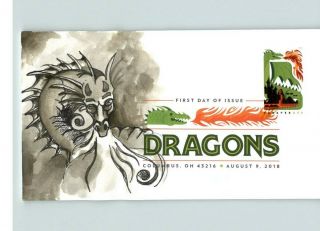Dragons; Hand Painted 1 Of 1 On First Day Of Issue With Color Cancel