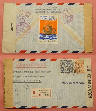 Suriname Tied Patriotic Label 1942 Registered Airmail To Usa Wwii Censored