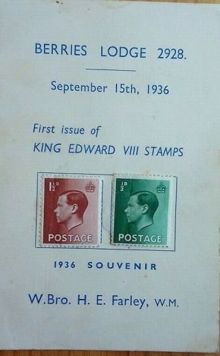 Great Britain 1936 Berries Masonic Lodge King Edward Viii Stamps Souvenir Card