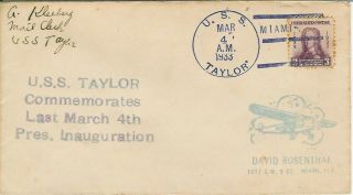 Fdr Franklin Roosevelt 3/4/1933 Inauguration Day Naval Uss Taylor Cachet Cancel