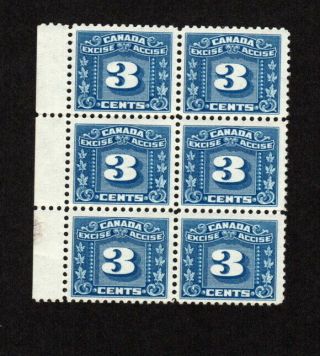 Canada Never Hinged Block Of 6 Excise 3 Cent Blue Stamps Fx64