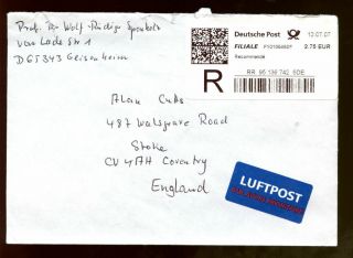 Germany 2007 Registered Airmail Cover To Uk C1244