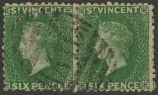 St Vincent 1868 Qv 6d Deep Green Perf 11 Pair Sg7 Cat £150