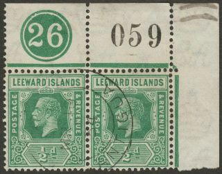 Leeward Islands 1934 Kgv ½d Green Plate No 26 Pair Sg59 With Sheet Number