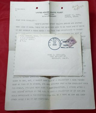 Uss Monocacy Hankow China 1935 Cover & Letter Us Asiatic Fleet To California
