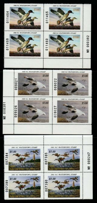 $north Carolina State Duck Stamp Plate Blocks Sc Nc6 - Nc7,  Nc9,  Nc10,  Nc11 Mnh