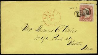 Scott 65 On Cover W/boston Cds And " Paid " Fancy Cancel - (gt25)