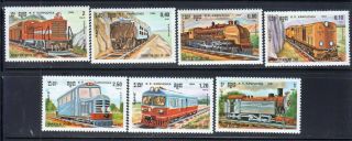 Cambodia 1984 Sc.  1504 - 10 Trains Locomotives Set Of 7 Stamps Cat.  $5.  50