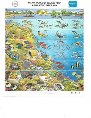 Palau Sheet Of 40 Stamps Scott 103 Mnh Og World Of Sea And Reef 1986 Cv = $38