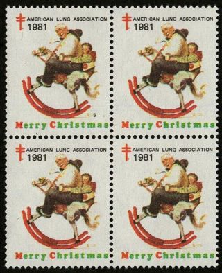 1981 Norman Rockwell Rocking Horse " S " Block Of 4 Us Christmas Seals/stamps Mnh