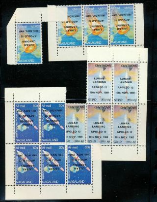Nagaland 1969 Space Apollo Inverted Overprint Blocks,  Proofs Flowers Mnh (as197