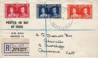 Zealand 1937 Kgvi Coronation Set On Registered Cover To Uk