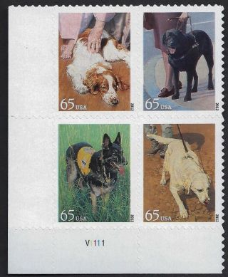Us Scott 4604 - 07 - 2012 65c Dogs At Work,  Military,  Therapy,  Block Of 4,  Mnh