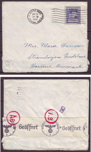 D1622/ Usa Seattle Censor Airmail Cover T/denmark 1941
