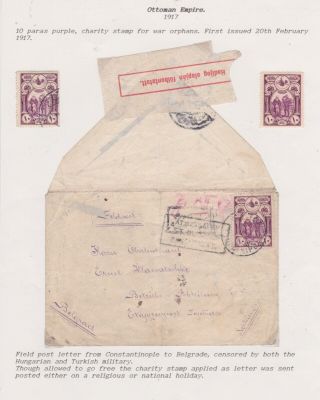 Turkey - 1917 Ww 1 Turkish And Hungarian Censored Field Post Cover To Serbia