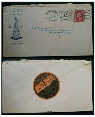 Rare 1911 United States Cover Ties 2c Stamp Canc Boston W Expo Cinderella