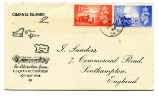 Channel Islands 1948 Liberation Anniversary Illustrated F.  D.  C.  Alderney Cancel
