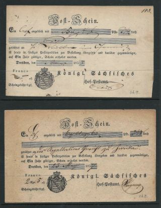 German States Saxony/ Sachsen 1857 Post Scheine X 2,  Dresden