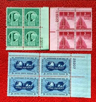 1943 - 55 Us Stamp Sc 907 908 1070 Three Different Plate Block Of 4