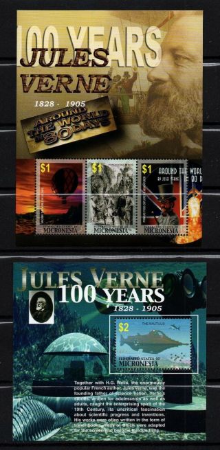 Micronesia,  Scott 649 - 650,  Set Of 2 Mini Sheets Jules Verne Writer,  100 Years