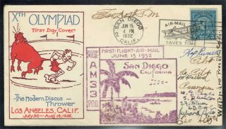 United States 1932 Olympic First Flight Cover Signed By Pilot Hap Russell,