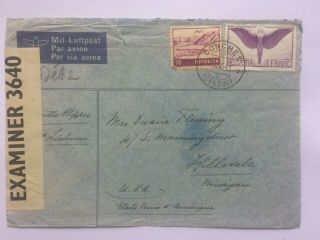 Switzerland 1941 Air Mail Cover Conches To Hillsdale Mi Usa With Censor Tape