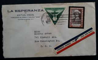 Scarce 1940 Dominican Republic La Esperanza Cover Ties 2 Stamps To Usa