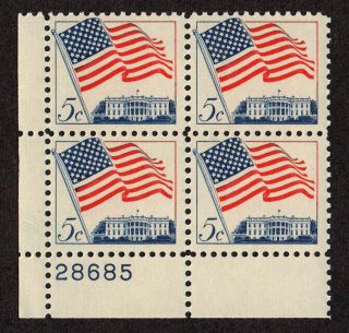 United States,  Scott 1208a,  Tagged Plate Block Of Flag Over The White House,  Mnh