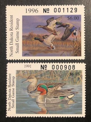 Tdstamps: Us North Dakota Duck Stamps (2) 1991 1996 Nh Og