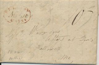 Stampless Letter Belfast Maine Red Oval 1826 To Hallowell Mr Warrens Attorney At