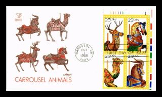 Dr Jim Stamps Us Carousel Animals Folk Art First Day Cover Block Of Four