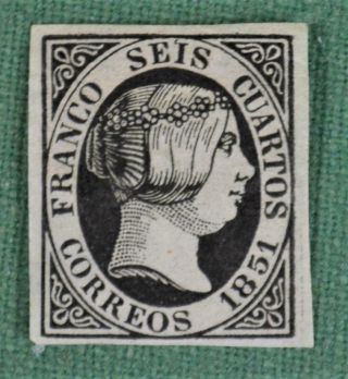Spain Stamp 1851 6c Black Imperf Sg 9 H/mint Og.  (p37)