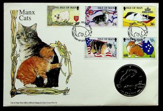 Isle Of Man 1996 Manx Cats 5 Vals W/ 1 Crown Silver Coin