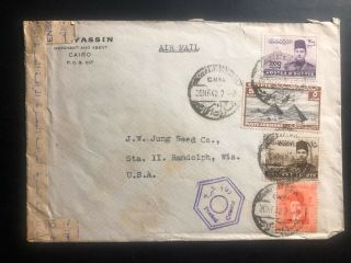 1943 Cairo Egypt Gresham Censored Airmail Cover To Randolph Wi Usa