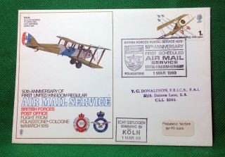 Gb,  1969,  Raf Flown Cover,  50th Anniversary 1st Air Mail Service To Germany,  P282