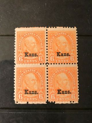 Scott 664 Red Orange 6 Cent " Kans.  " Overprint,  Mnh Block Of 4