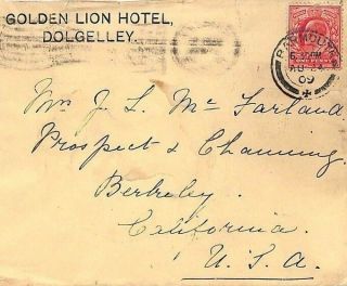 Kk73 Gb Wales Transatlantic Mail 1909 Golden Lion Hotel Dolgelley Barmouth Usa