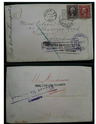 Rare 1937 United States Cover Ties 2 Stamps Canc Nashua Returned Undelivered