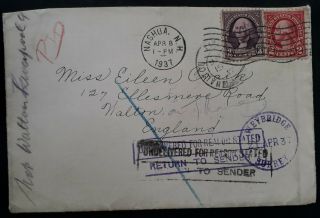 RARE 1937 United States Cover ties 2 stamps canc Nashua Returned Undelivered 2