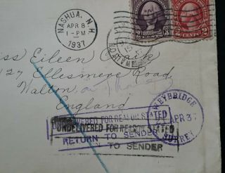 RARE 1937 United States Cover ties 2 stamps canc Nashua Returned Undelivered 3