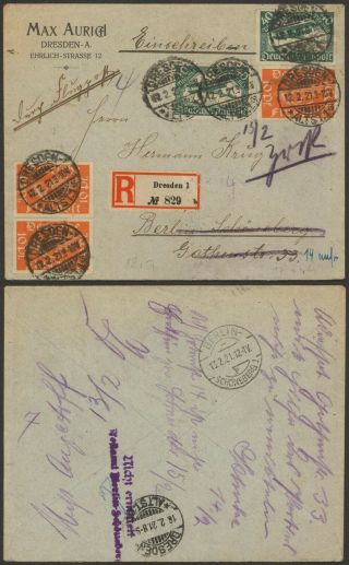 Germany 1921 - Registered Air Mail Cover Dresden To Berlin 34829/13