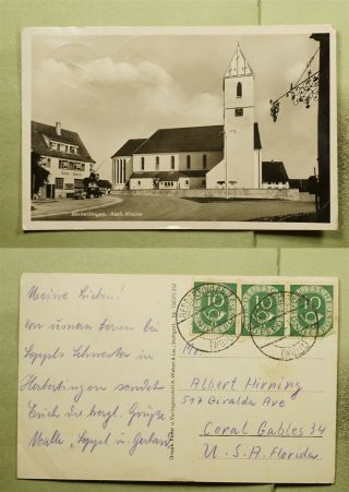 Dr Who 1952 Germany Herbertingen Church Postcard To Usa Strip E44955