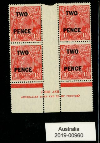Australia Kgv " Two Pence " Overprinted Gutter Block Of 4 Stamps (960)