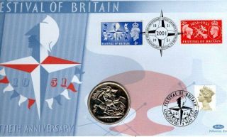 Festival Of Britain 50th Anniversary Fdc 3 - 5 - 01,  Unc 1951 Geo Vi Crown Coin F11