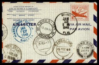 Mayfairstamps Us 1948 Florida Air Letter Many Cancels Hong Kong Bombay Cover Wwb